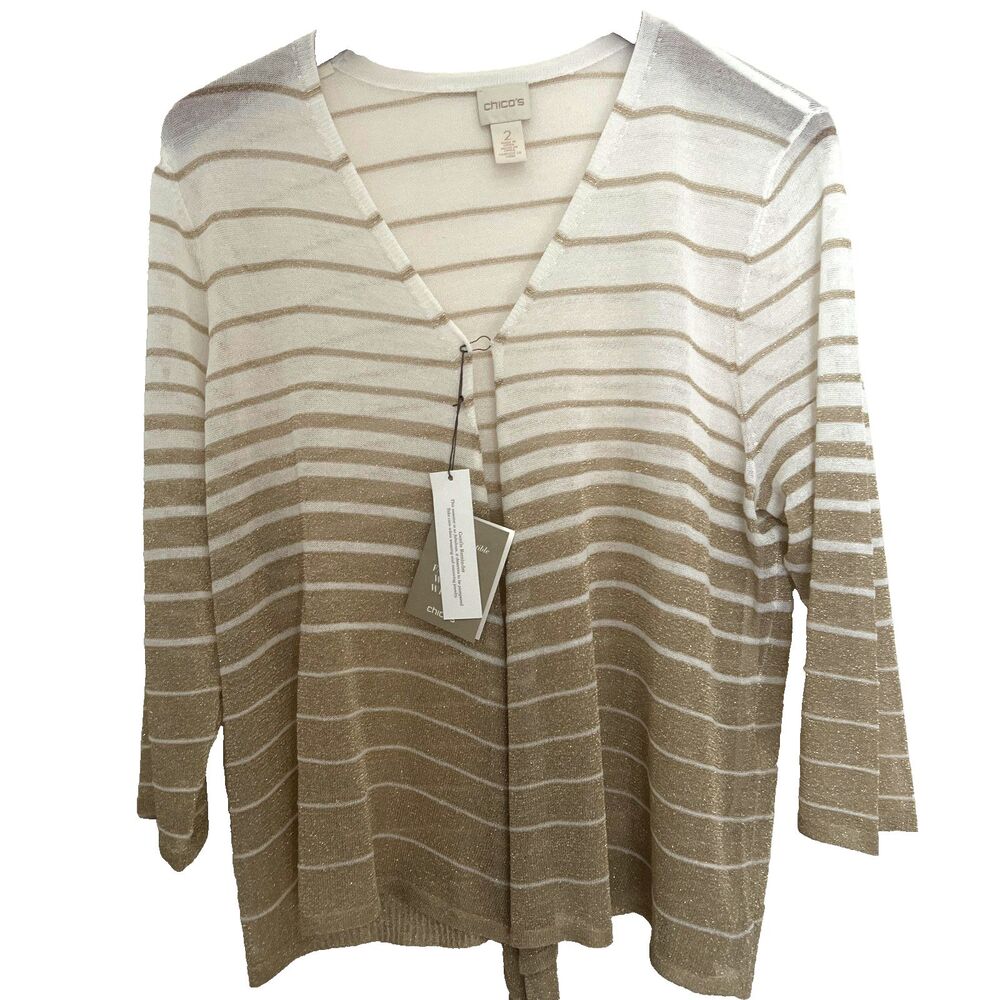 Chico's Cori Convertible Cardigan 2 L Open front Striped Gold Metallic NWT